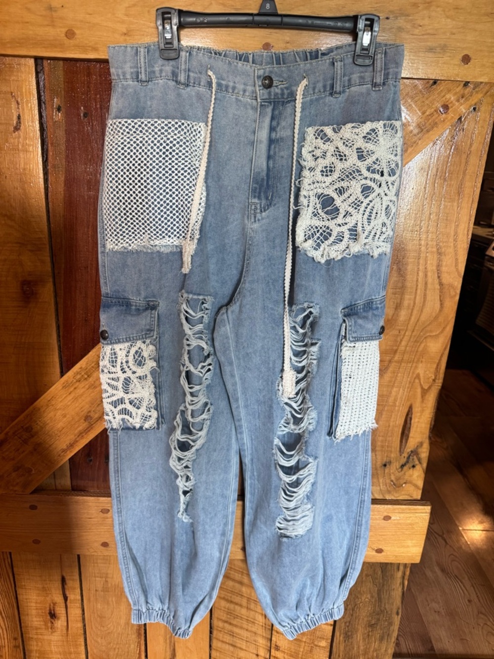 POL NWOT Light Wash Distressed Jeans with Crochet Patch Details OVERSIZED